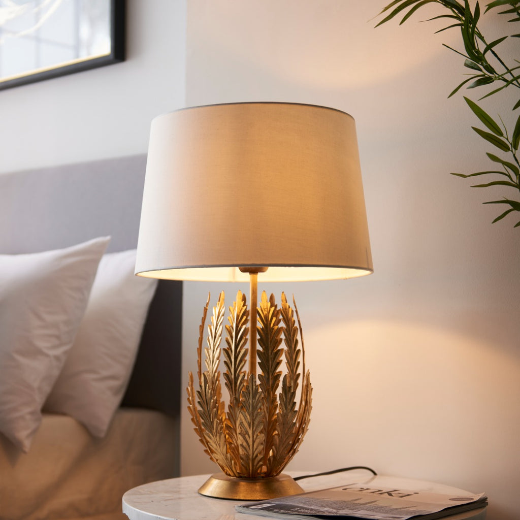 Endon Delphine Table Lamp in Gold Leaf with Ivory Cotton Fabric Shade