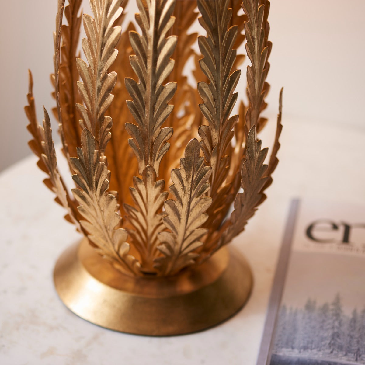 Endon Delphine Table Lamp in Gold Leaf with Ivory Cotton Fabric Shade