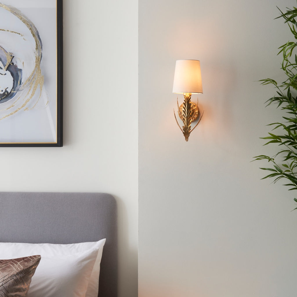 Endon Delphine 1 Light Wall Light in Gold Leaf with Ivory Cotton Fabric