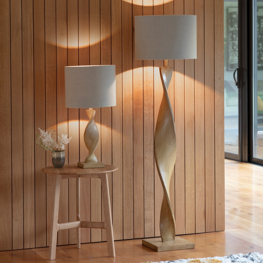 Endon Abia Table Lamp in Oak Effect Resin with Natural Linen Shade