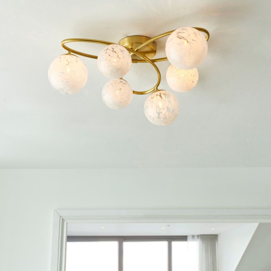 Novena Vide 6 Light Semi Flush Ceiling Light Satin Brass Plate White Confetti Glass