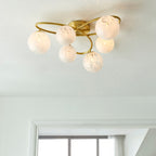 Novena Vide 6 Light Semi Flush Ceiling Light Satin Brass Plate White Confetti Glass