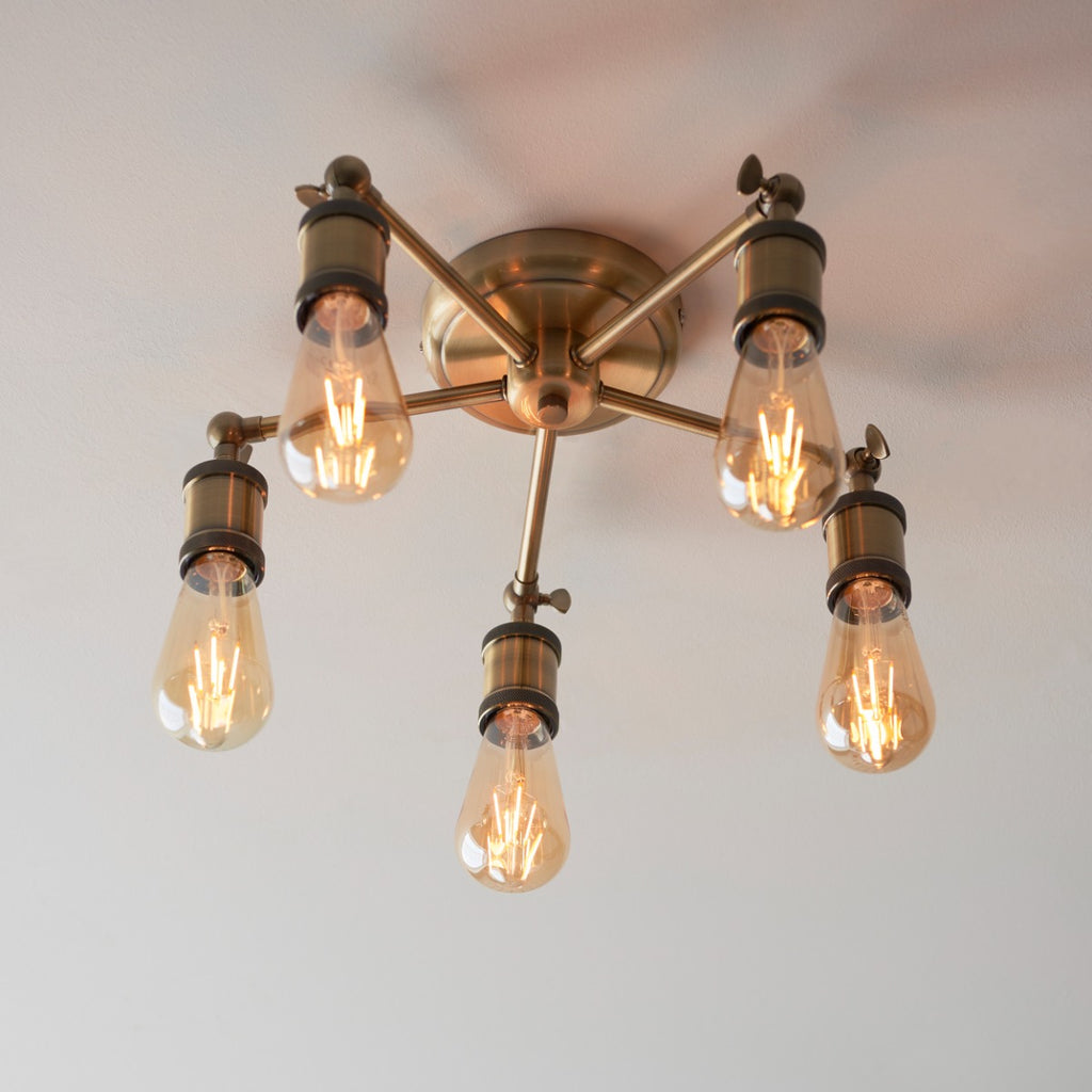 Endon Hal 5 Light Semi Flush Ceiling Light in Antique Brass 