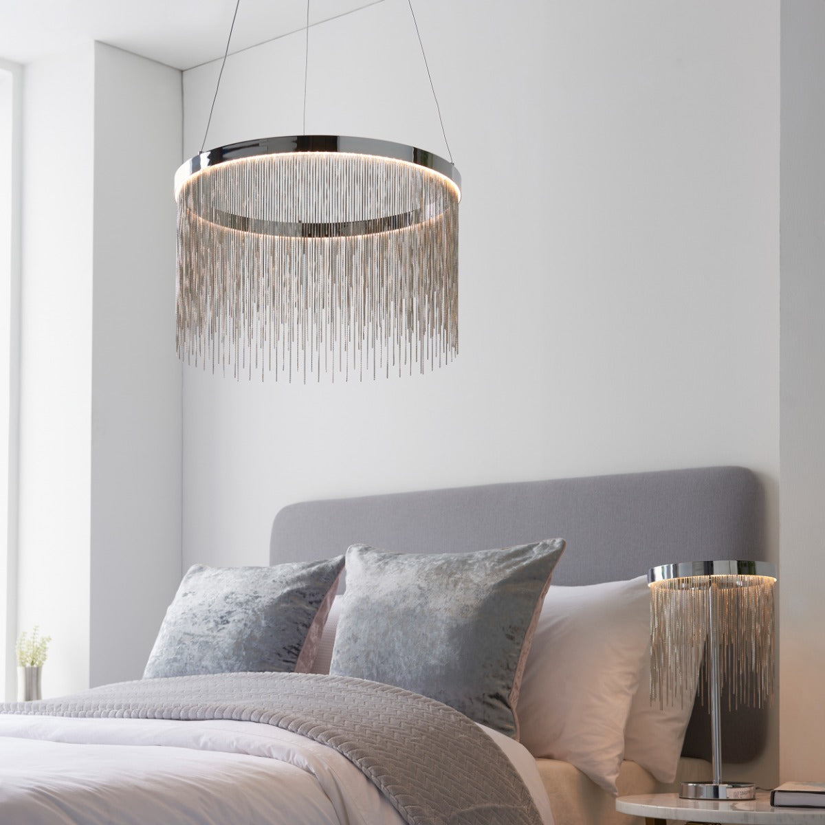 Endon Zelma 1 Light Pendant Light in Chrome with Silver Effect Chain