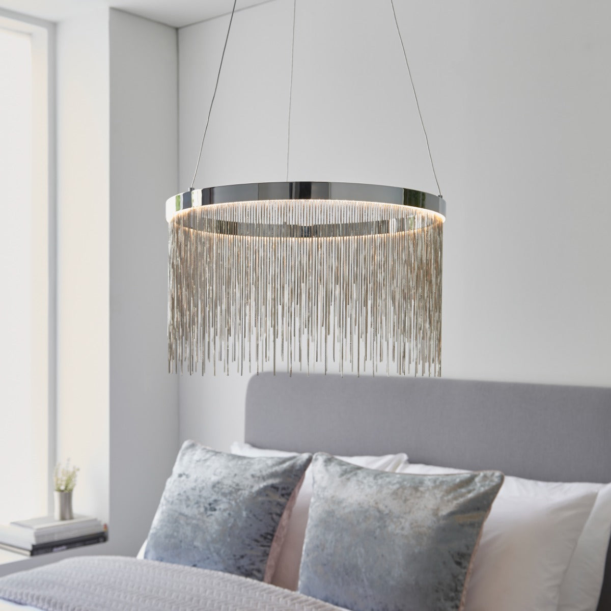 Endon Zelma 1 Light Pendant Light in Chrome with Silver Effect Chain