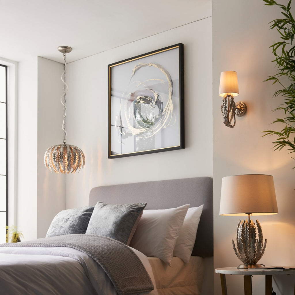 Endon Delphine Table Lamp in Silver Leaf with Ivory Cotton Fabric Shade