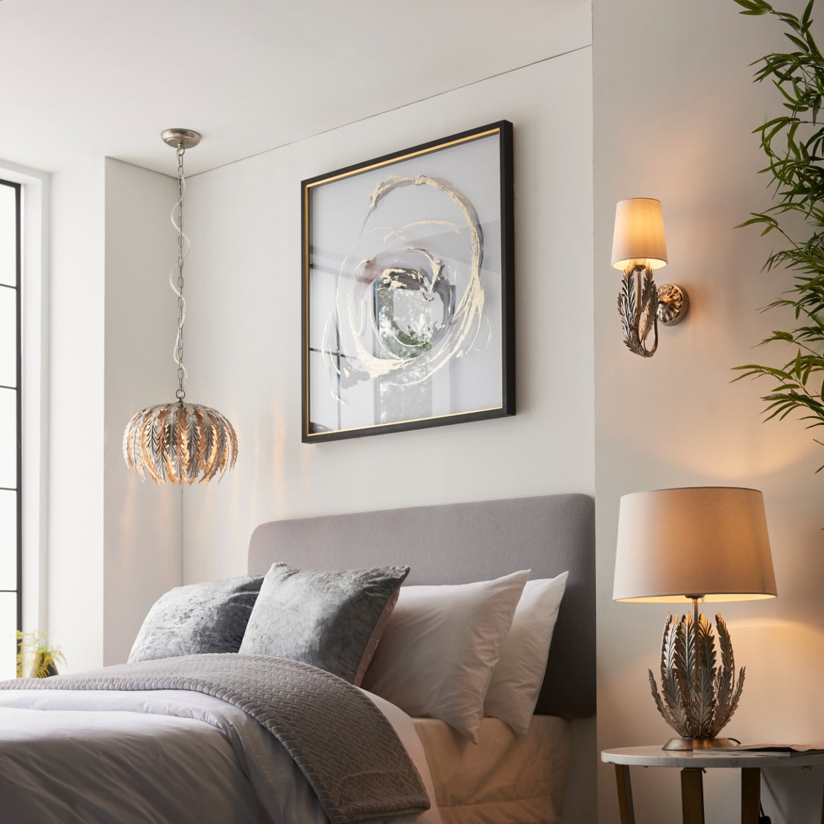 Endon Delphine Table Lamp in Silver Leaf with Ivory Cotton Fabric Shade