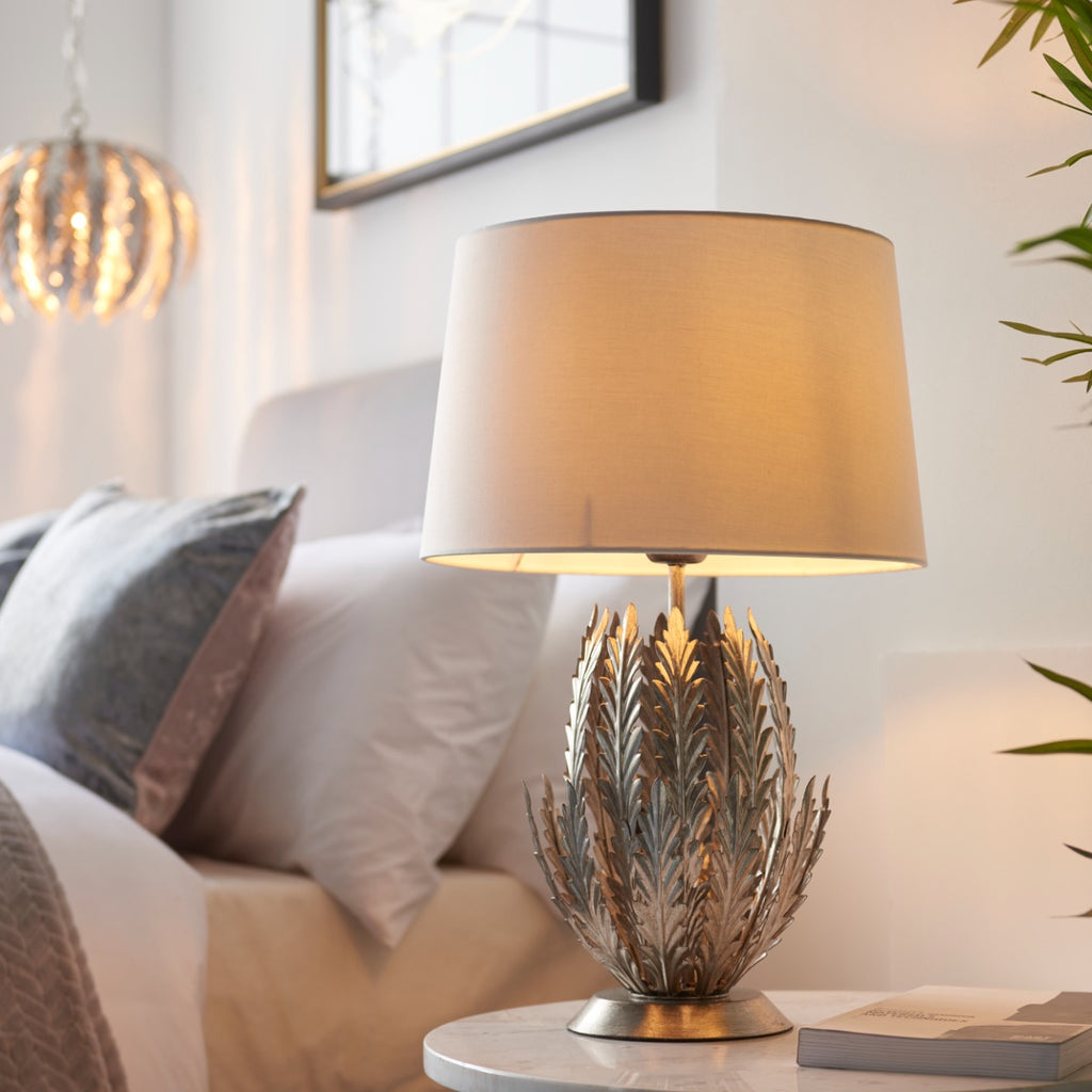 Endon Delphine Table Lamp in Silver Leaf with Ivory Cotton Fabric Shade