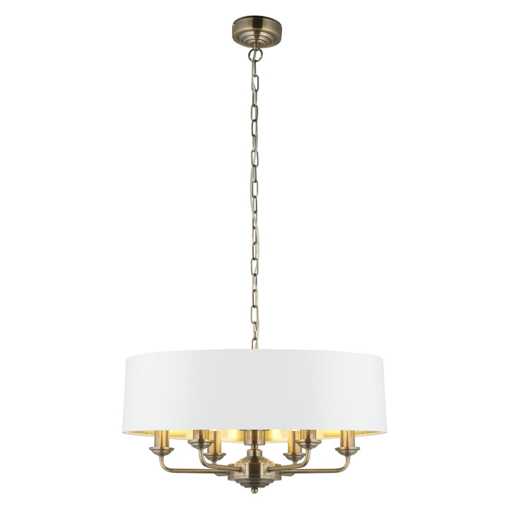Endon Highclere 6 Light Pendant in Antique Brass with Vintage White Fabric