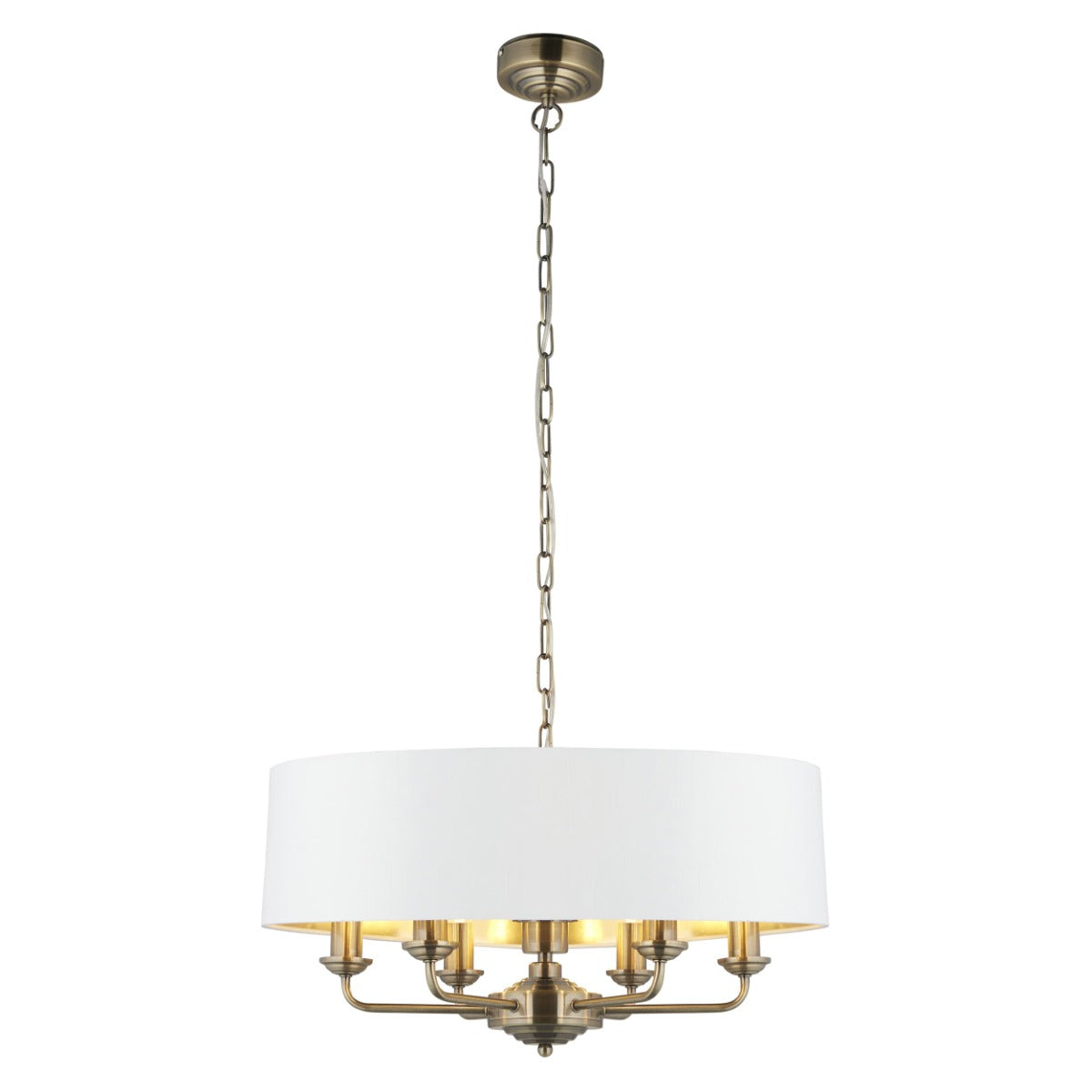 Endon Highclere 6 Light Pendant in Antique Brass with Vintage White Fabric