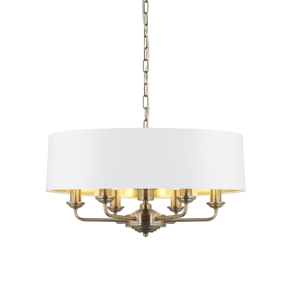 Endon Highclere 6 Light Pendant in Antique Brass with Vintage White Fabric