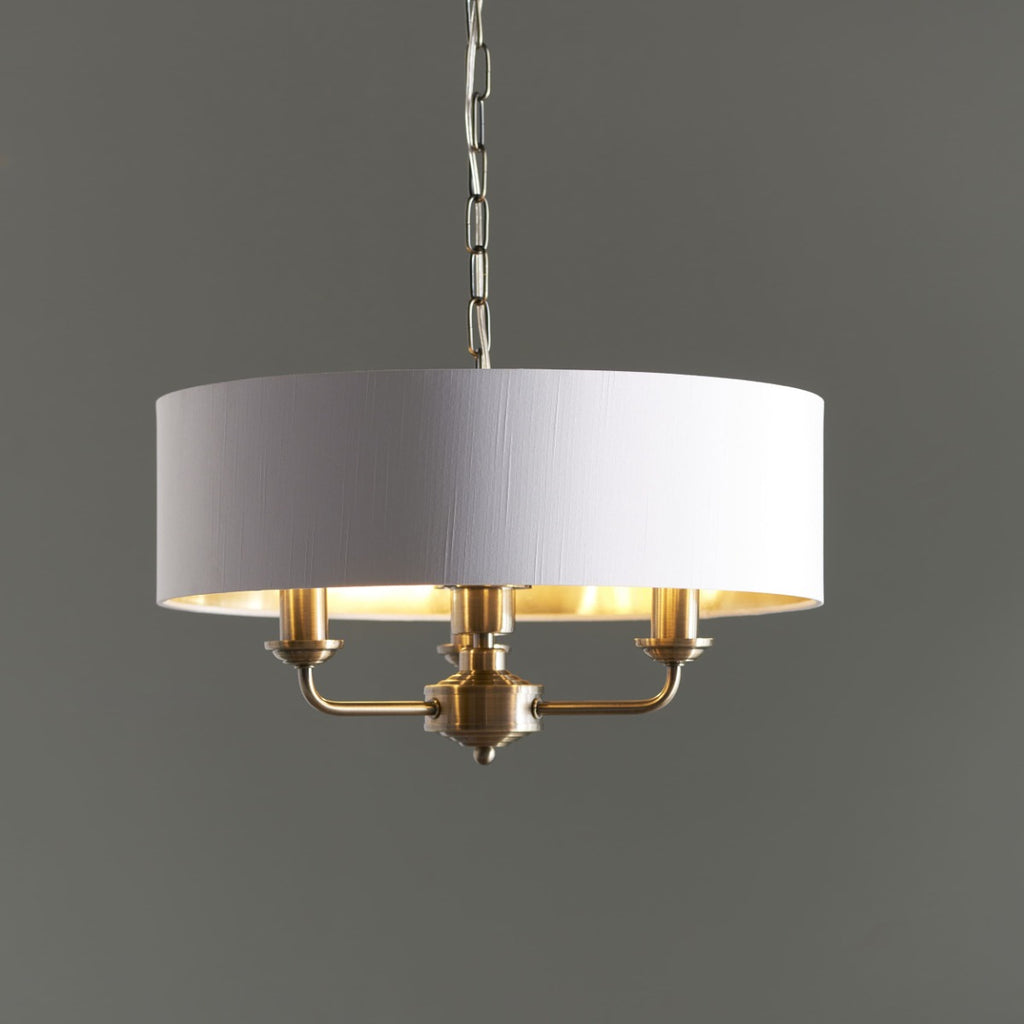 Endon Highclere 3 Light Pendant Light in Antique Brass with Vintage White Fabric