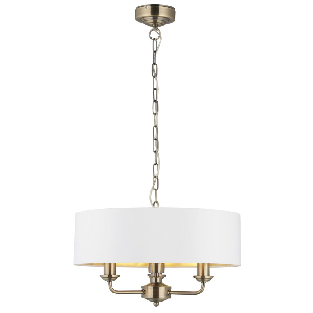 Endon Highclere 3 Light Pendant Light in Antique Brass with Vintage White Fabric
