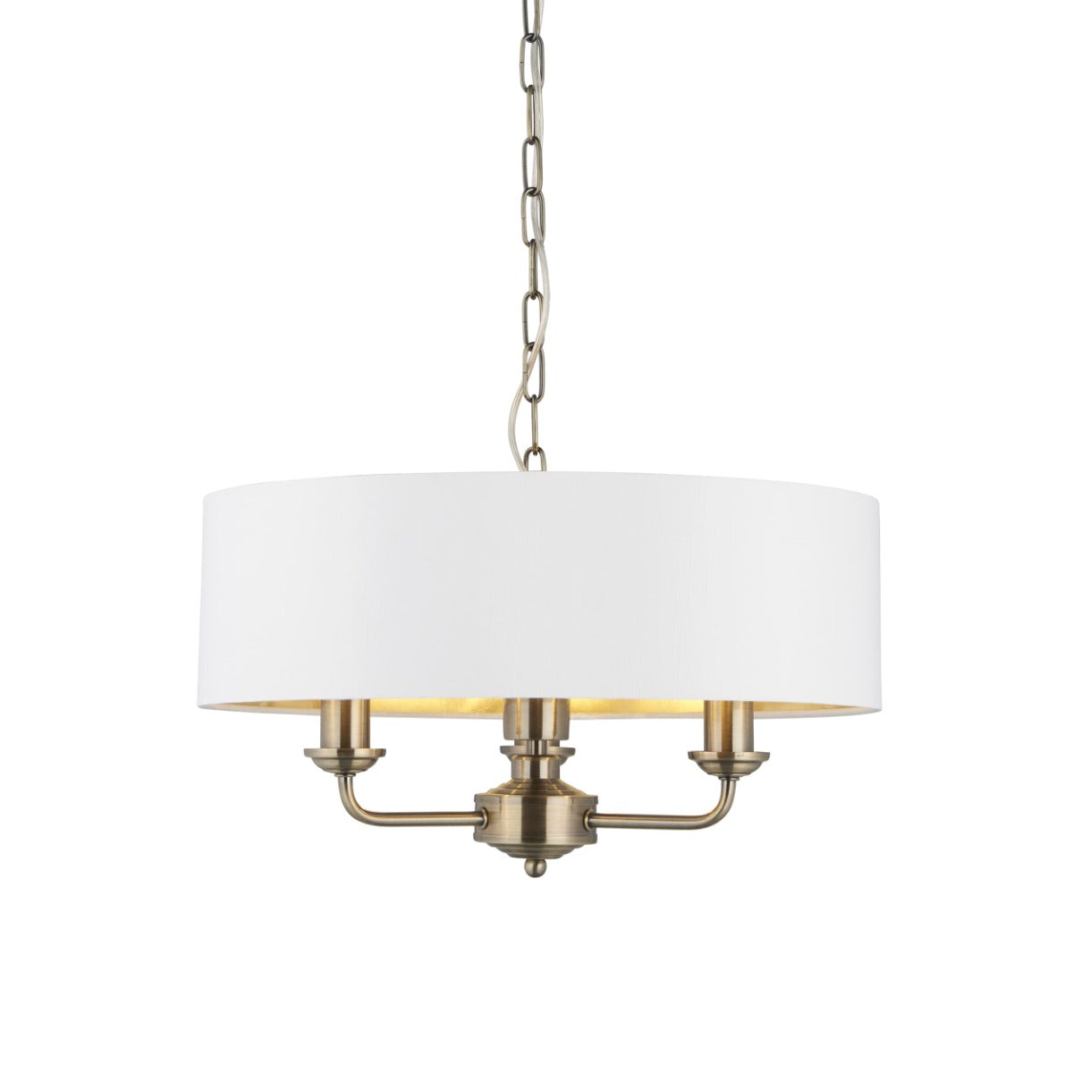 Endon Highclere 3 Light Pendant Light in Antique Brass with Vintage White Fabric