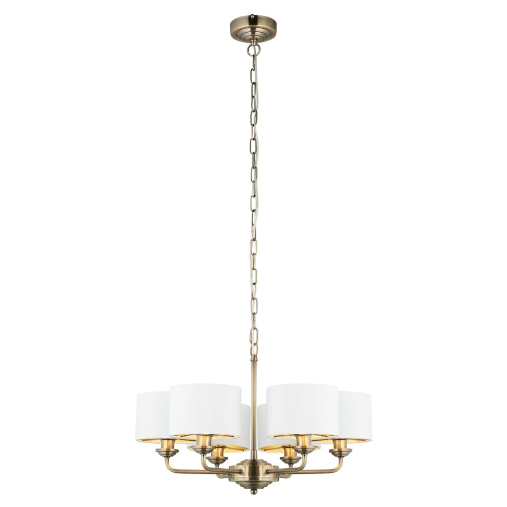 Endon Highclere 6 Light Pendant Light in Antique Brass with Vintage White Fabric