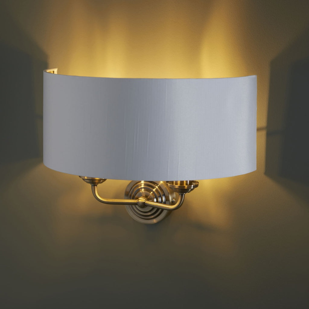 Endon Highclere 2 Light Wall Light in Antique Brass with Vintage White Fabric