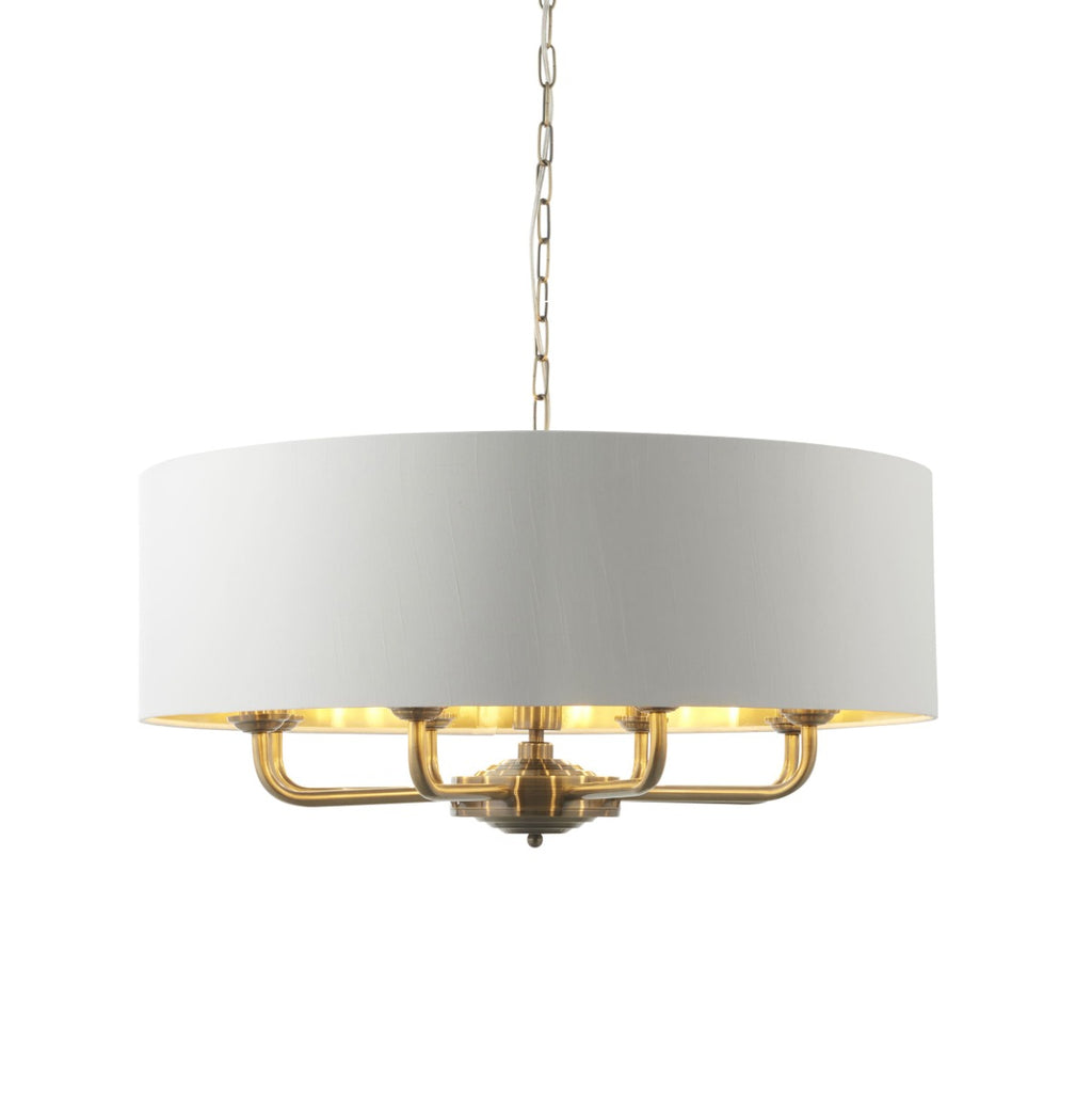 Endon Highclere 8 Light Pendant Light in Antique Brass with Vintage White Fabric