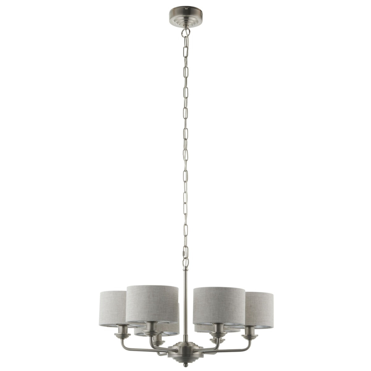 Endon Highclere 6 Light Pendant Light in Brushed Chrome with Natural Linen