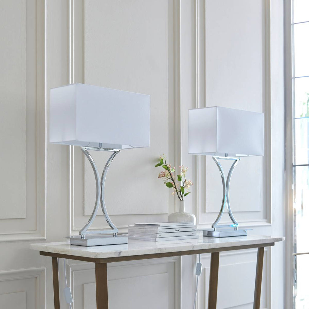 Endon Epalle Twin Pack Table Lamp Rectangular Chrome base and Cotton Mix Shade