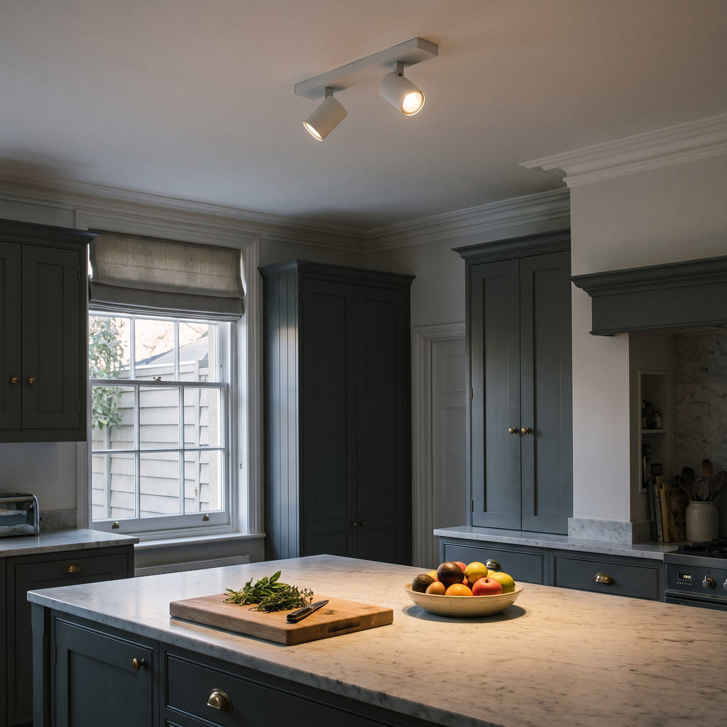 Astro Ascoli Twin Spotlight in Textured White shown lit in a kitchen