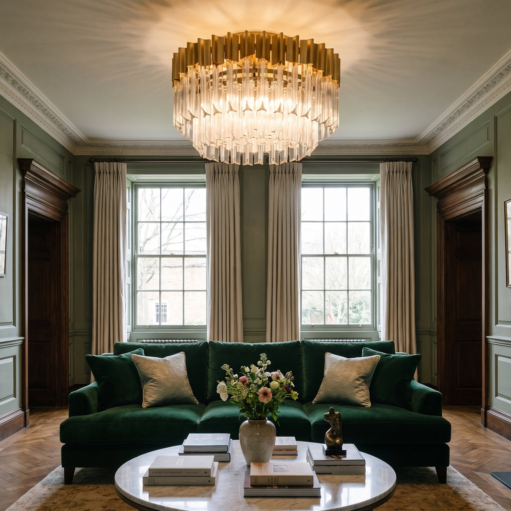 Corbett Charisma 3 Light Semi Flush Ceiling Light in Gold Leaf shown lit in a living room