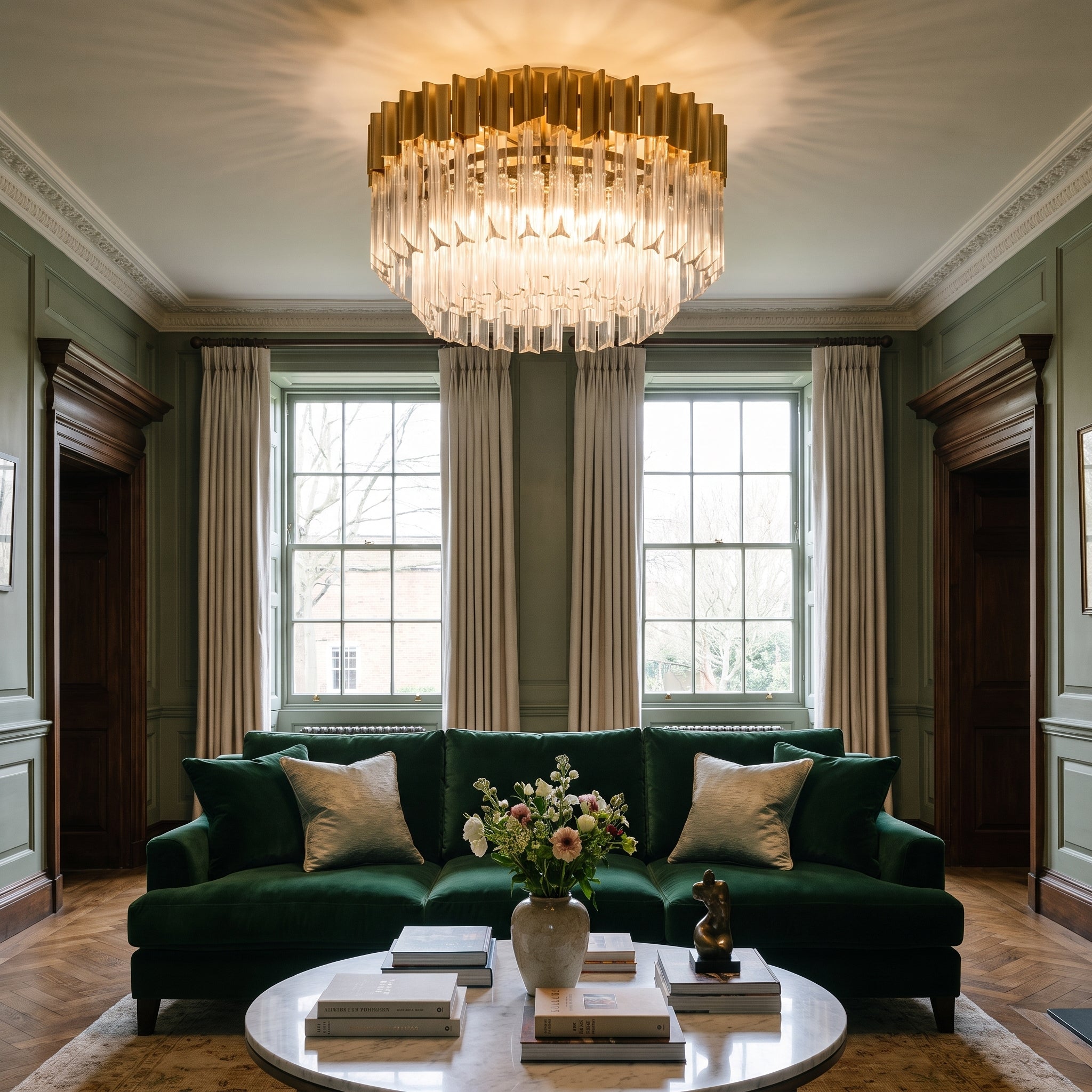Corbett Charisma 3 Light Semi Flush Ceiling Light in Gold Leaf shown lit in a living room