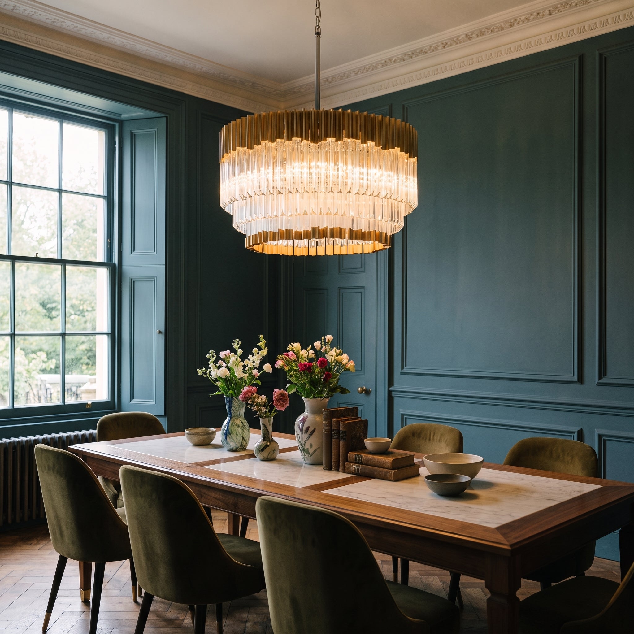 Corbett Charisma 8 Light Pendant Light in Polished Stainless with Gold Leaf shown lit in a dining room