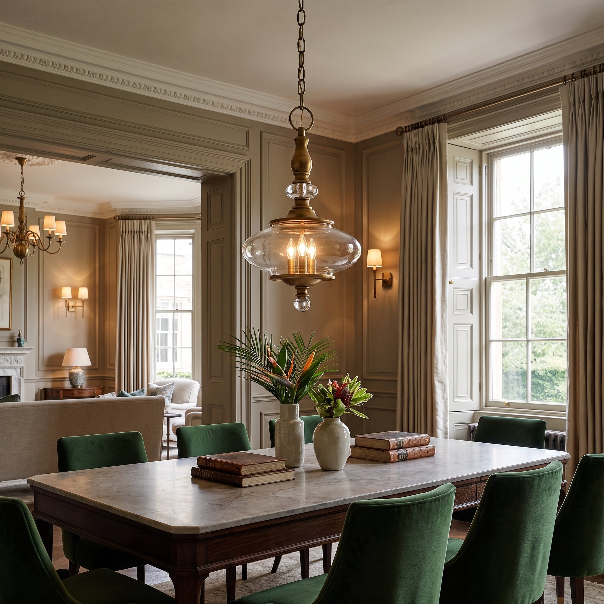 Hinkley Wexley 3 Light Pendant Light in Heritage Brass shown lit in a dining room