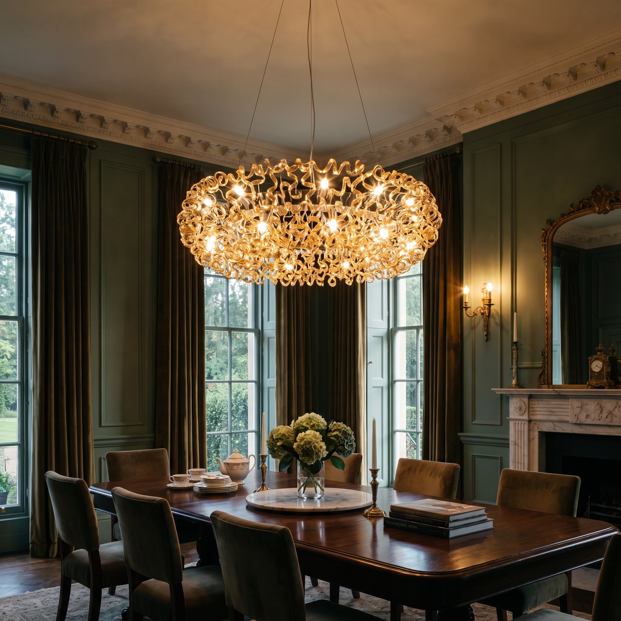 Metal Lux Astro 28 Light Pendant Light with Amber Spiral Glass shown lit in a dining room