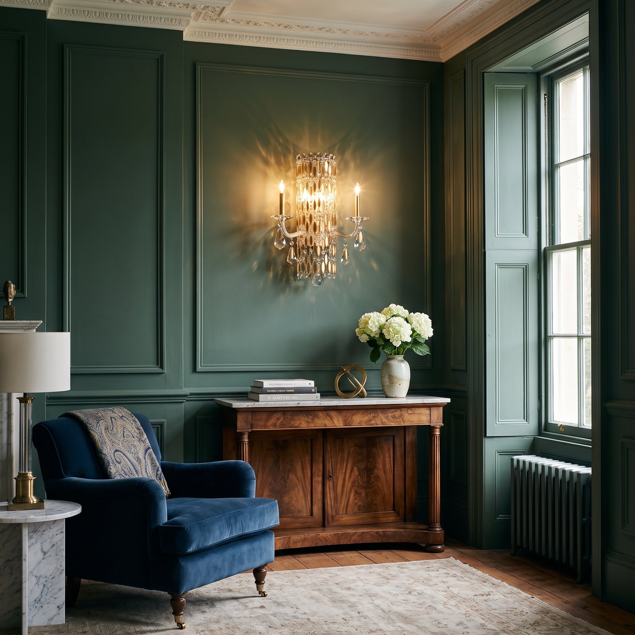 Schonbek Sarella 2 Light Wall Light Heritage Crystal in Heirloom Gold shown lit in a living room