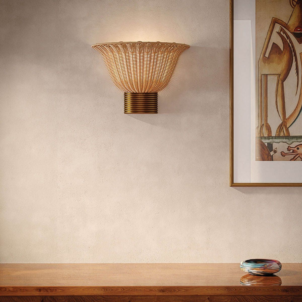 Alora Mood Kai 2 Light Wall Light in Brushed Gold & Rattan