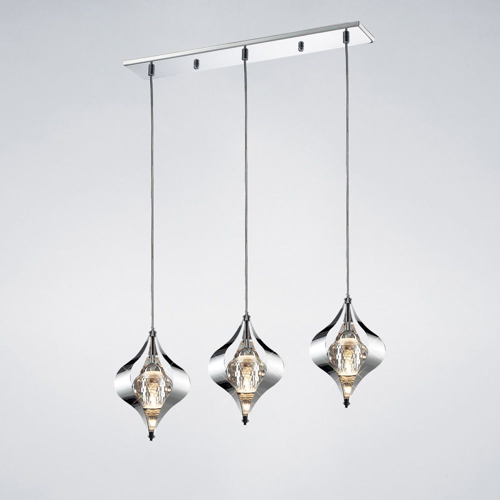 Diyas Amano 3 Light Linear Pendant Light in Polished Chrome with Crystal