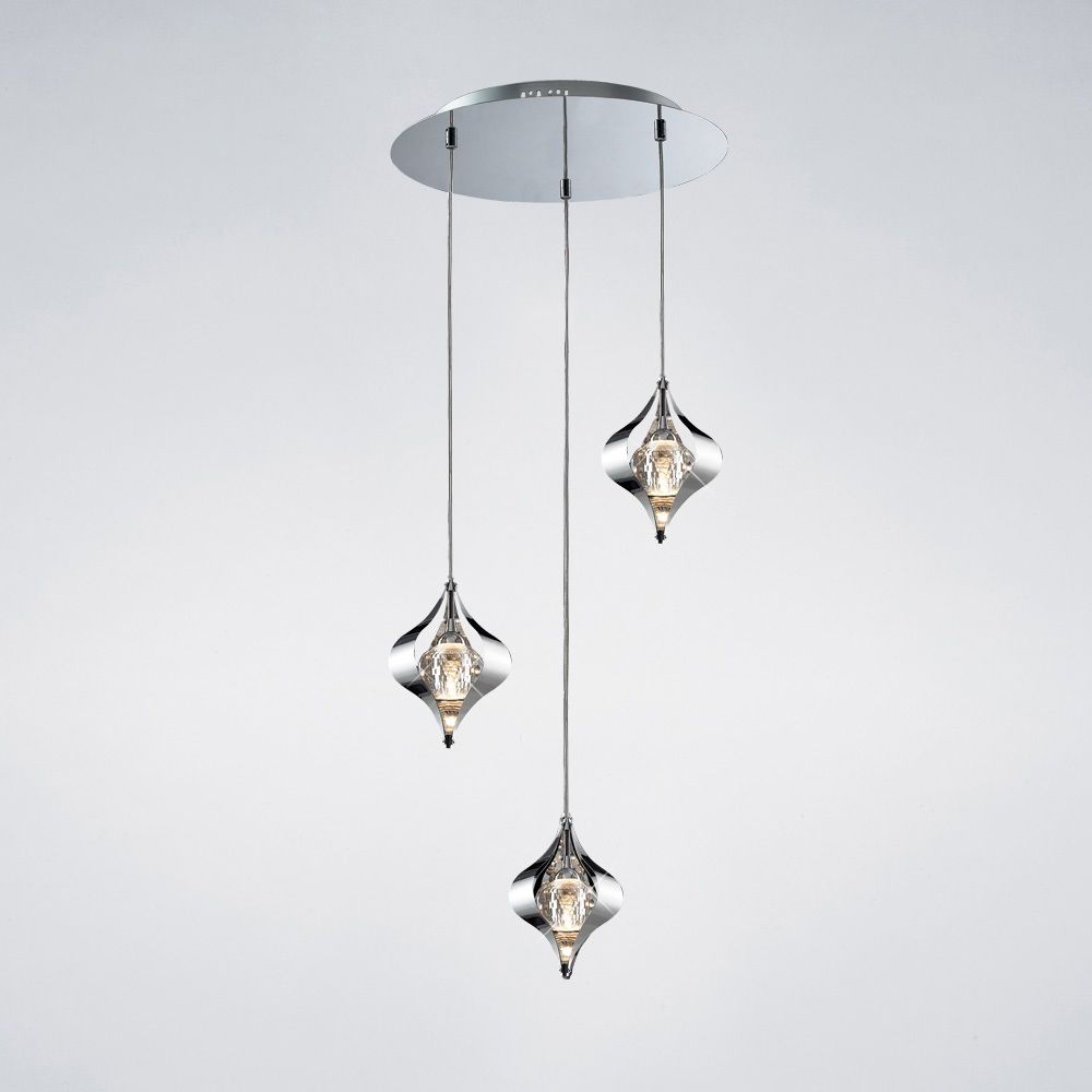 Diyas Amano 3 Light Round Pendant Light in Polished Chrome with Crystal