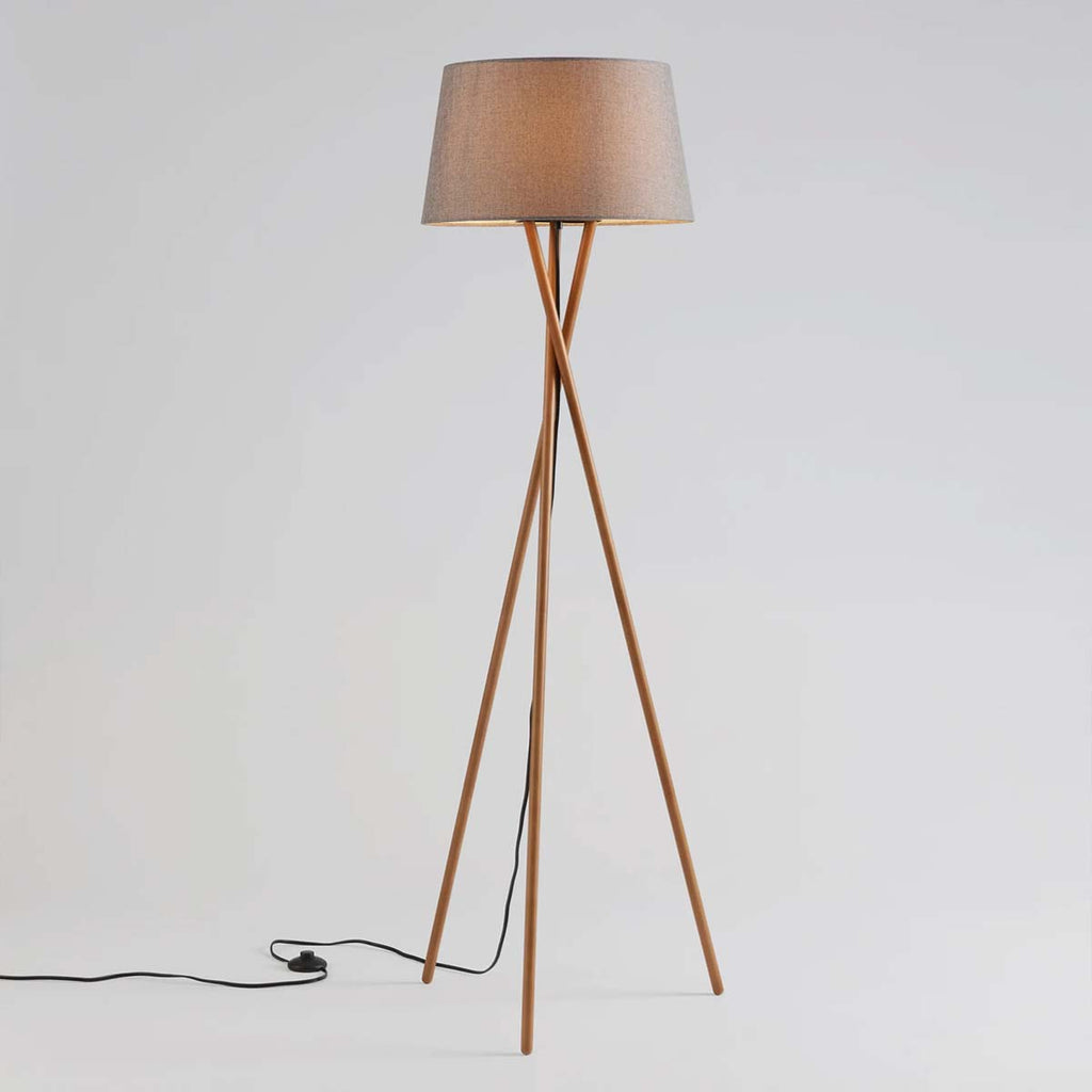 Novena Malle Tripod 1 Light Floor Lamp Solid Wood Grey Linen Shade
