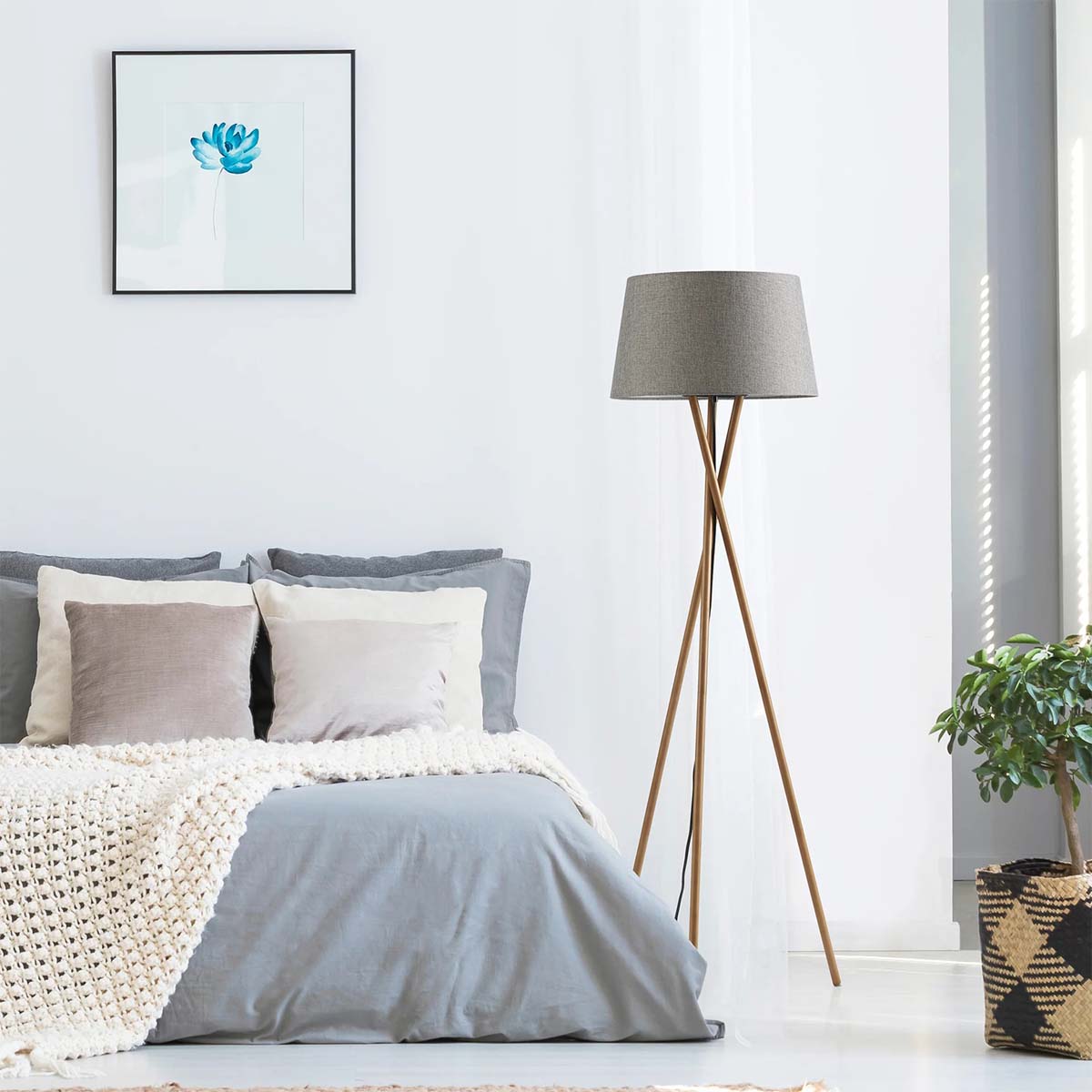 Novena Malle Tripod 1 Light Floor Lamp Solid Wood Grey Linen Shade