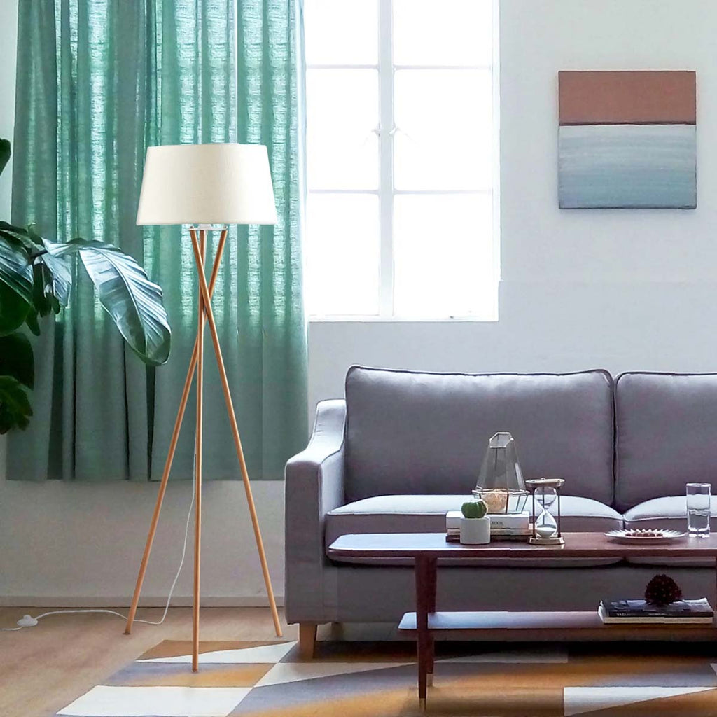 Novena Malle Tripod Floor Lamp Solid Wood White Fabric Shade