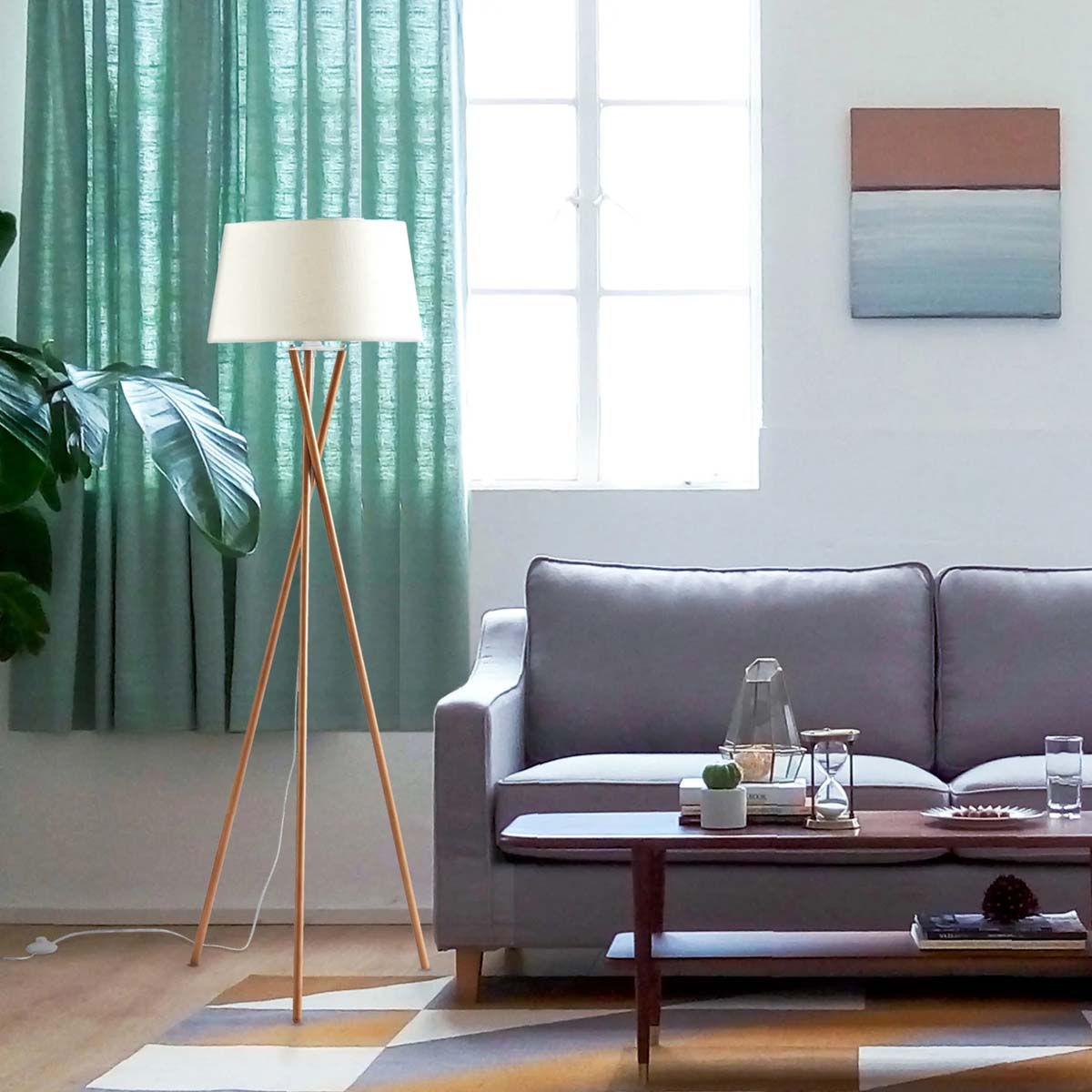 Novena Malle Tripod Floor Lamp Solid Wood White Fabric Shade