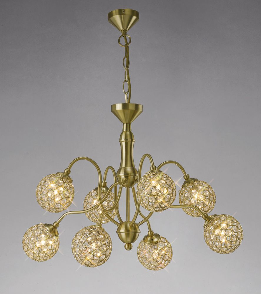 Diyas Apollo 8 Light Pendant Light in Satin Brass with Crystal
