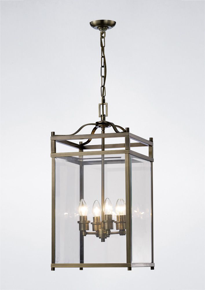 Diyas Aston 4 Light Pendant Light in Antique Brass with Glass