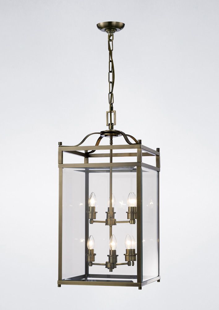 Diyas Aston 6 Light Pendant Light in Antique Brass with Glass