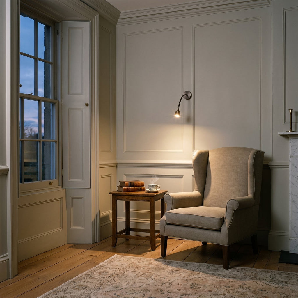 Astro Fosso Switched Reading Light in Bronze lit beside an armchair in a panelled Georgian sitting room
