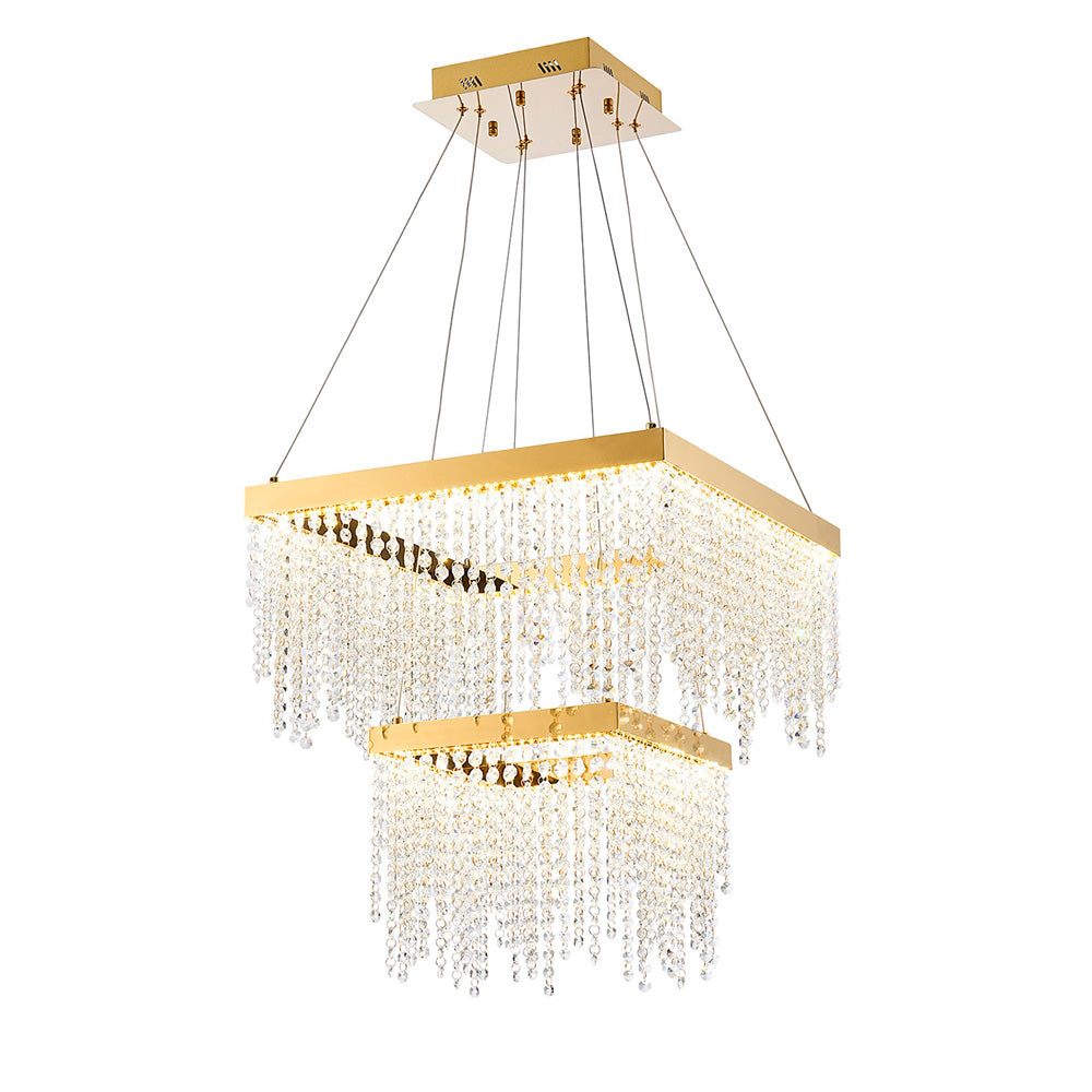 Diyas Bano 2 Light Square 2 Tier Pendant Light in French Gold with Crystal