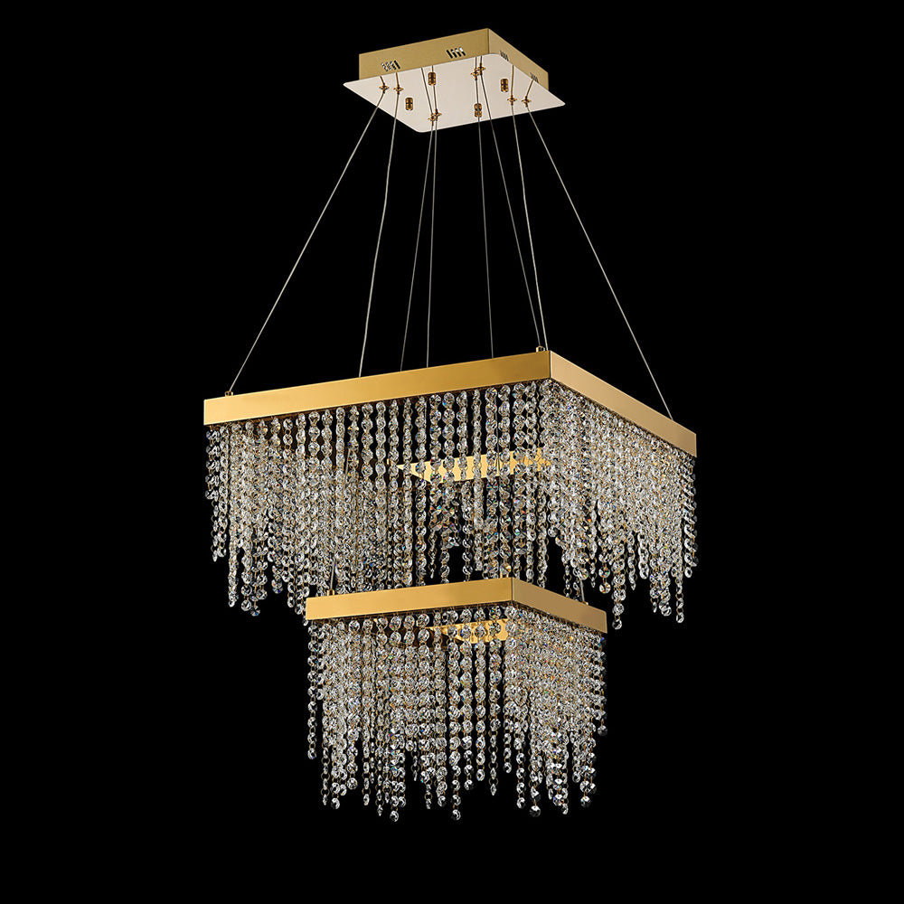 Diyas Bano 2 Light Square 2 Tier Pendant Light in French Gold with Crystal