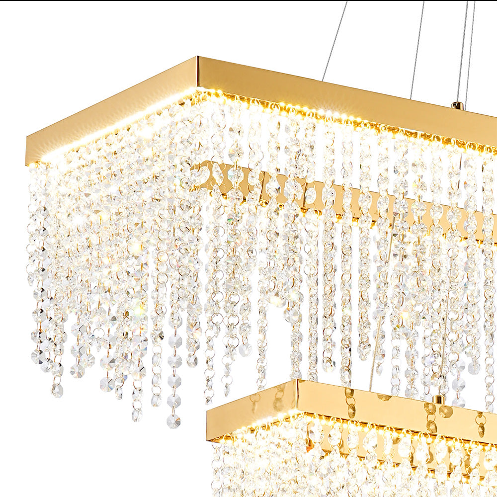 Diyas Bano 2 Light Rectangular 2 Tier Pendant Light in French Gold with Crystal