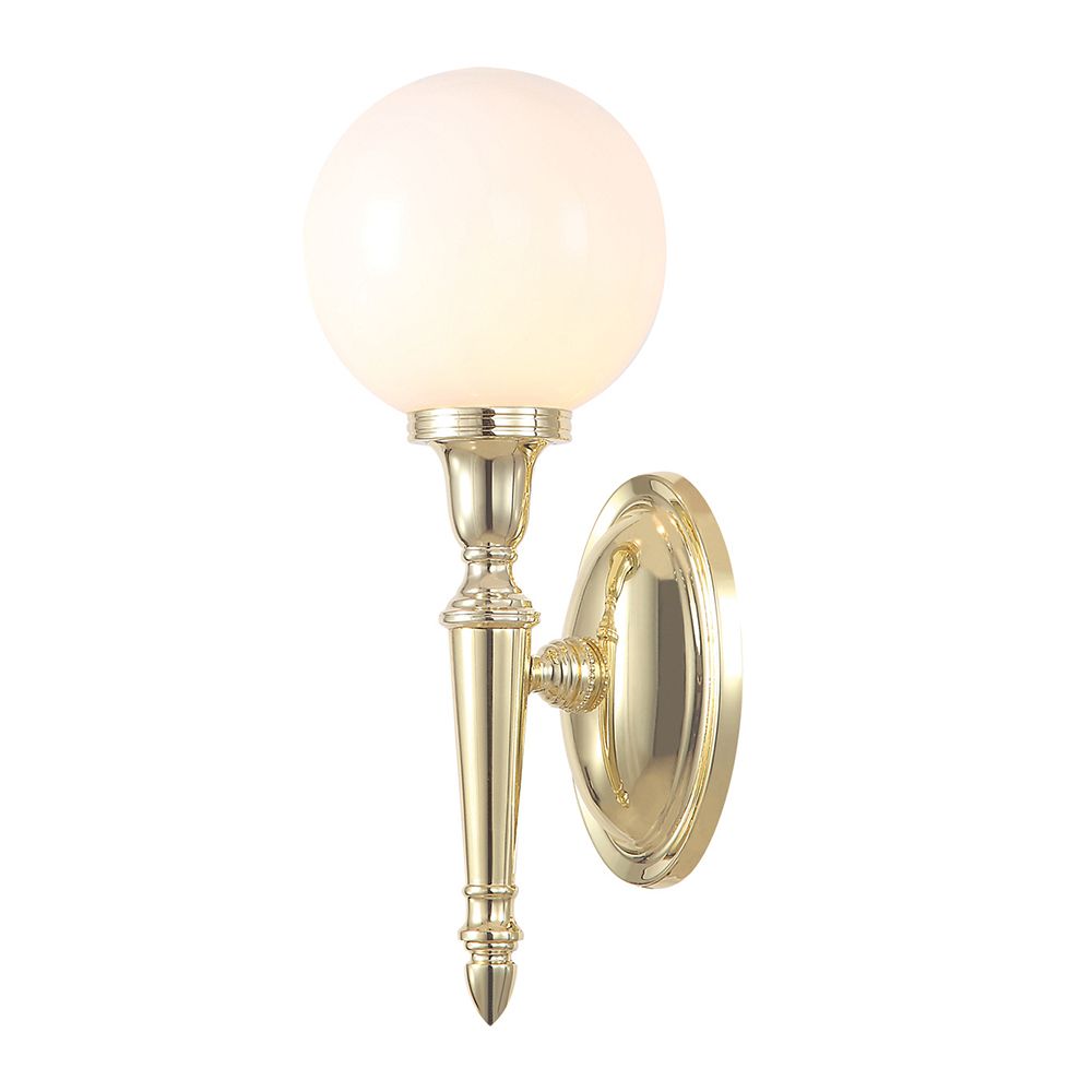 Elstead Dryden Bathroom Wall Light in Polished Brass with Spherical Shade