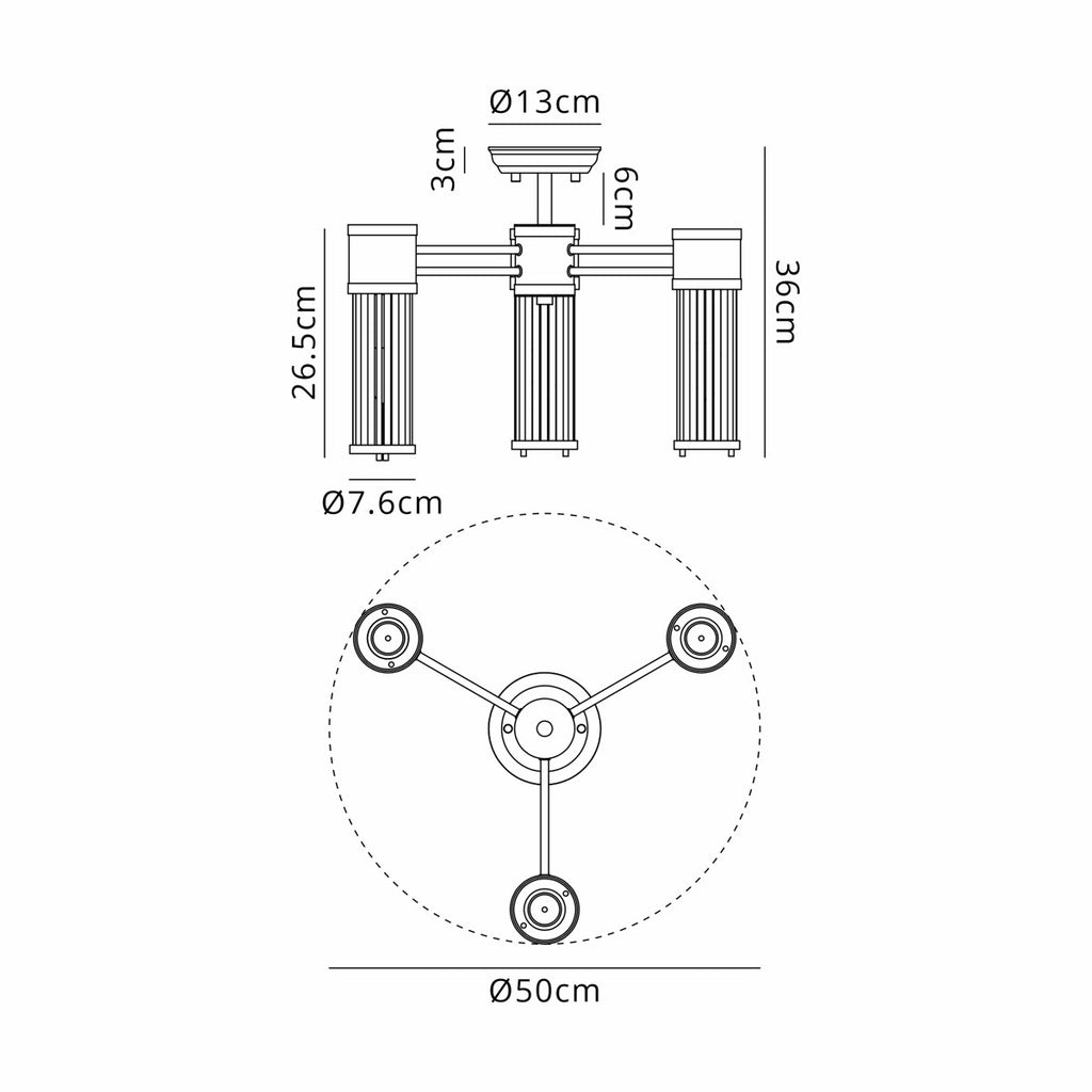 Regent Beaulon 500mm 3 Light IP44 Semi Flush Ceiling Light - dimensions