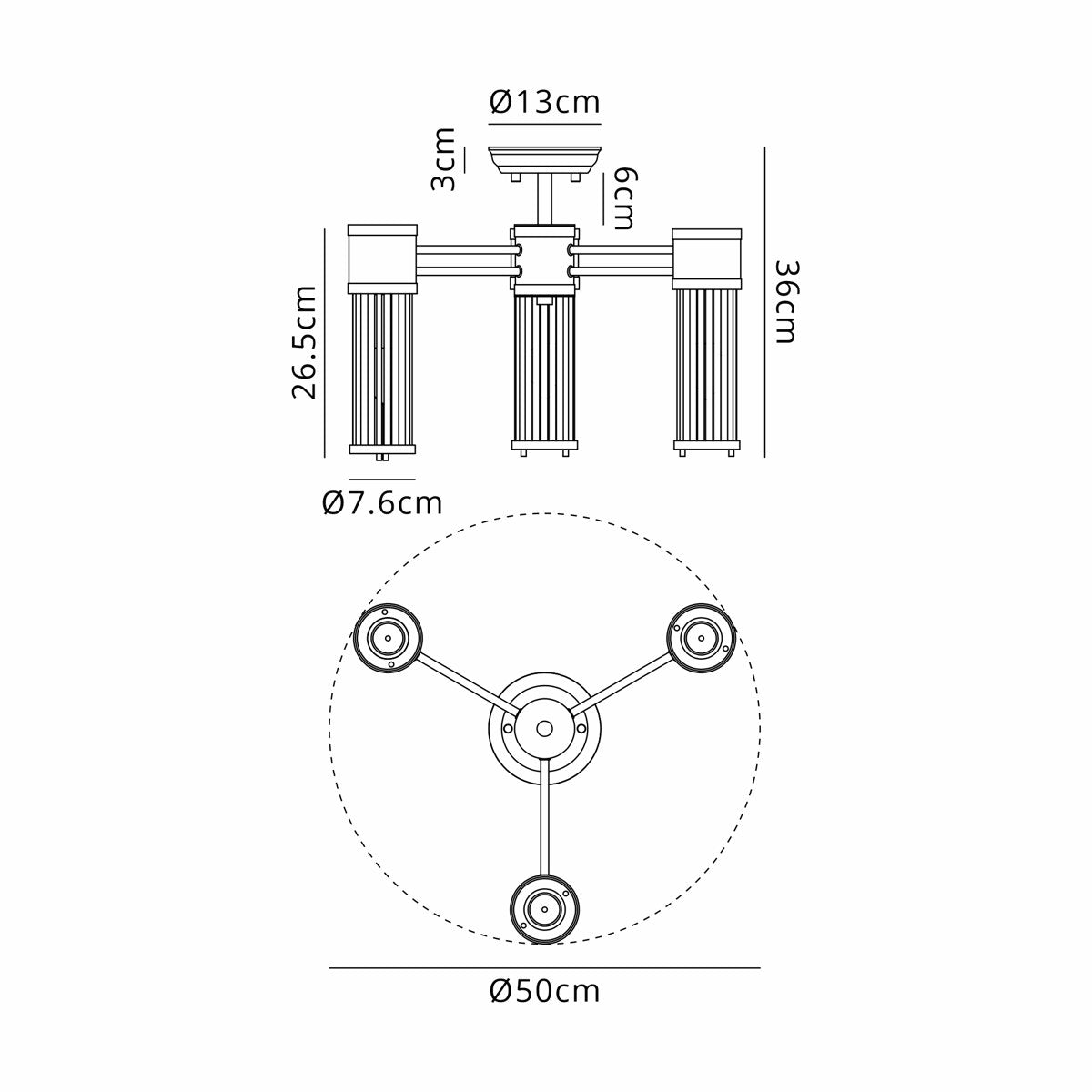 Regent Beaulon 500mm 3 Light IP44 Semi Flush Ceiling Light - dimensions