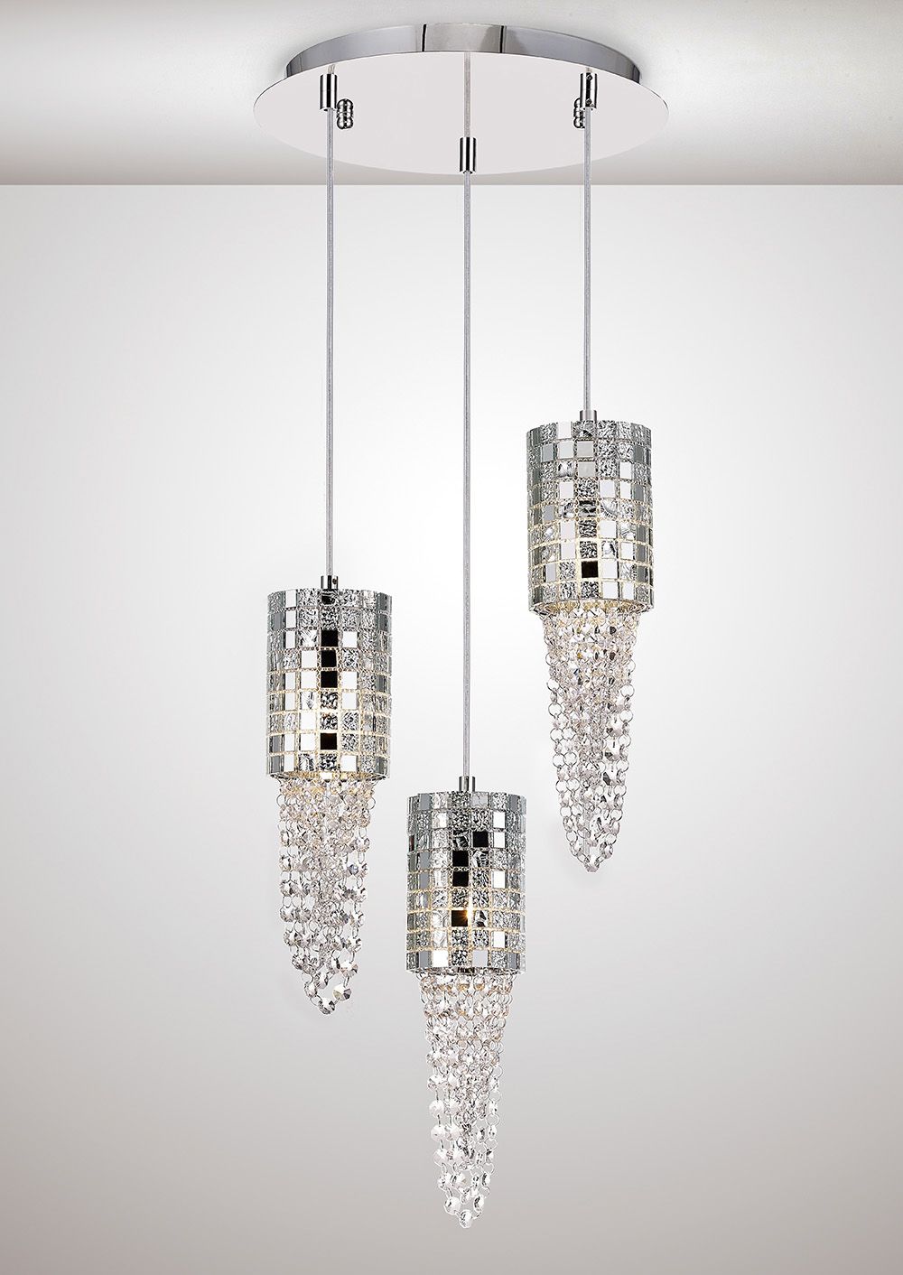 Diyas Camden 3 Light Round Pendant Light in Polished Chrome with Mosaic Glass and Crystal