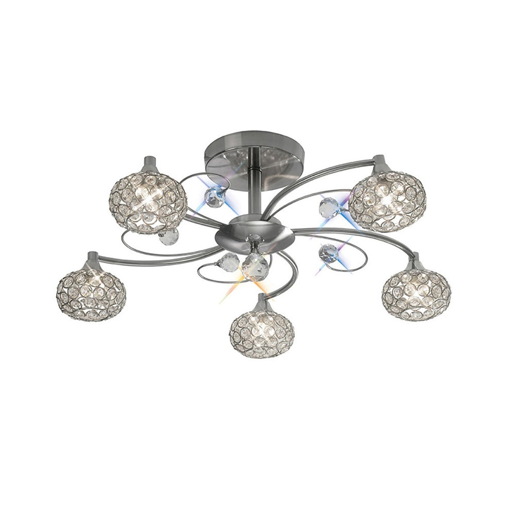 Diyas Cara 5 Light Semi Flush Ceiling Light in Satin Nickel with Crystal