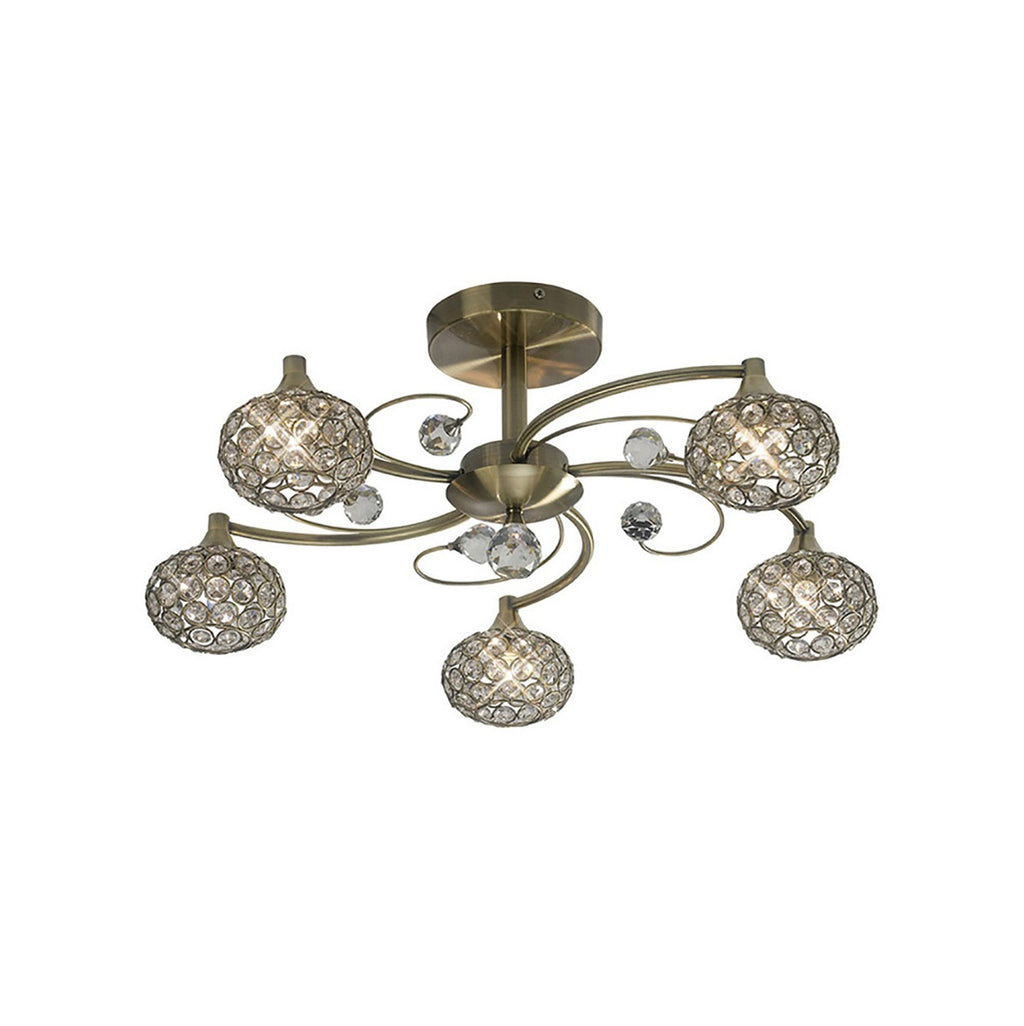 Diyas Cara 5 Light Semi Flush Ceiling Light in Antique Brass with Crystal